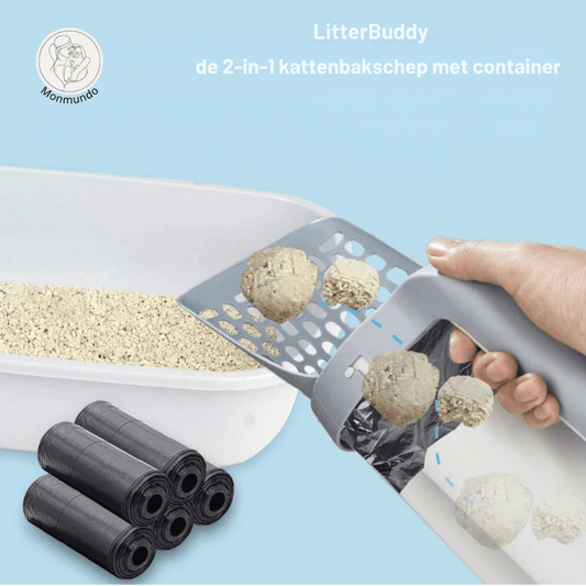 2 - in - 1 Kattenbakschep met Opvangcontainer – Hygiënisch en Tijdsbesparend - Hebbr