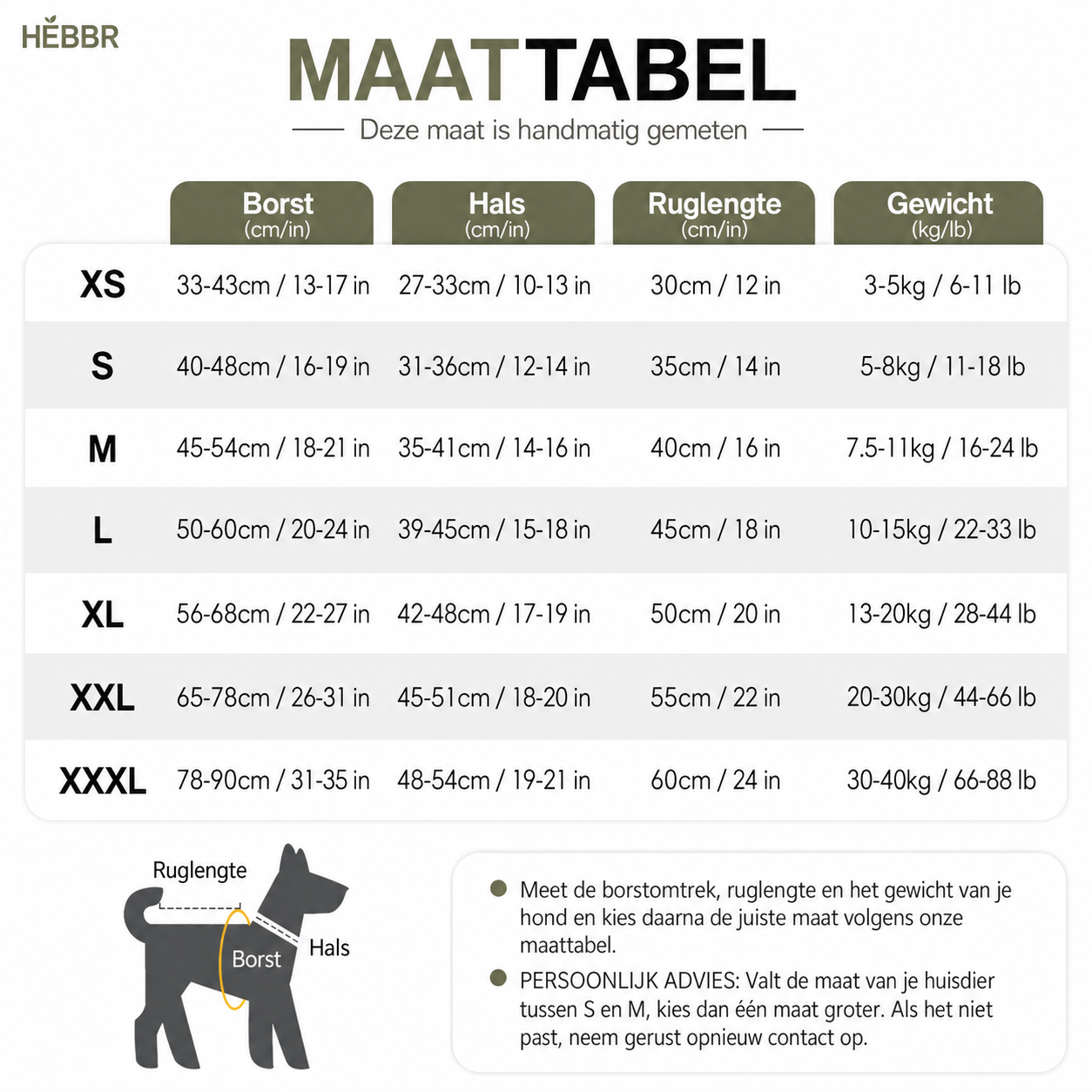 Nederlandse maattabel voor anti-stress vest - Hebbr