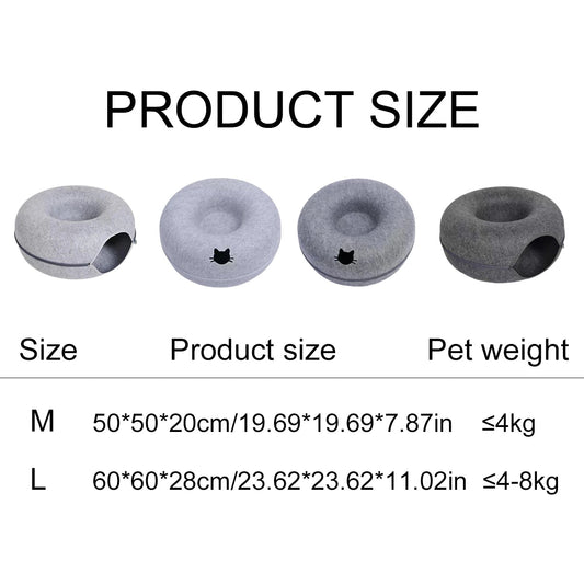 Donut kattenbed van vilt met ademgat - 2 - in - 1 tunnel voor katten en interactieve speeltjes - Hebbr