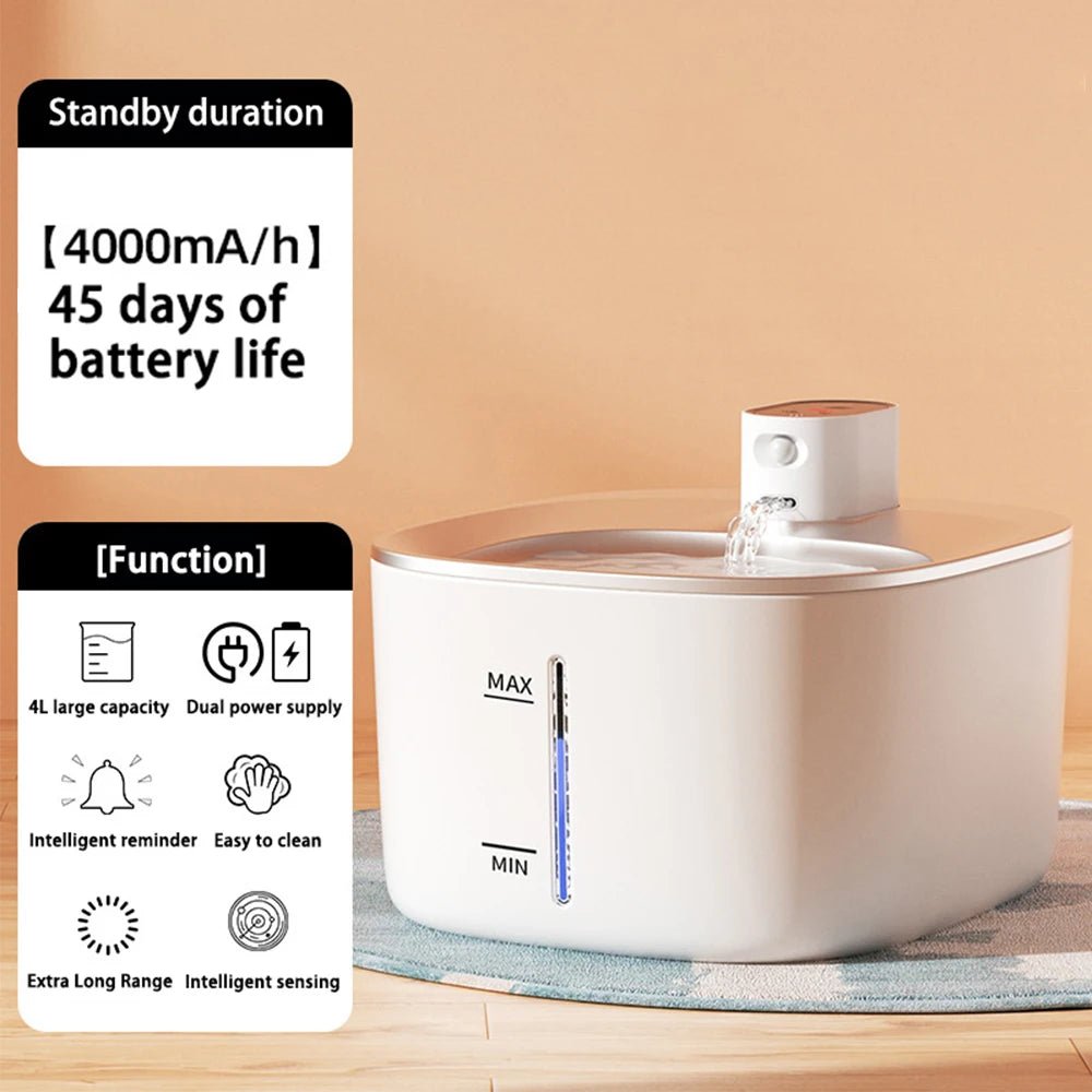 Draadloze waterfontein 4L met Bewegingssensor - Ultra Stil en Duurzaam voor Katten en Honden - Hebbr