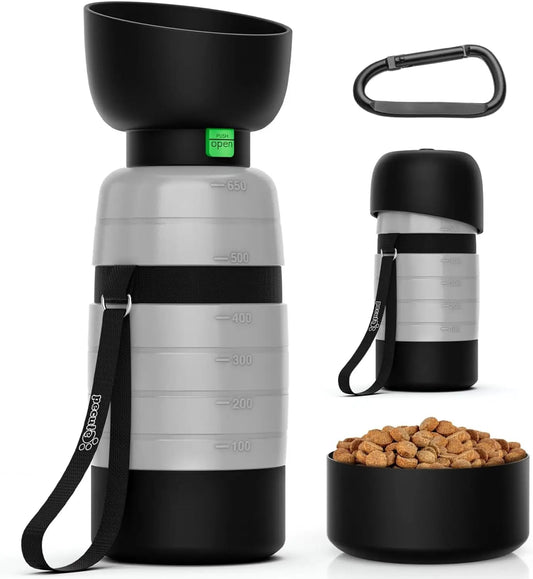 Draagbare Hondenwaterfles met Voedselcontainer en Opvouwbare Kom - 650ml Lichtgewicht en Lekvrij - Hebbr