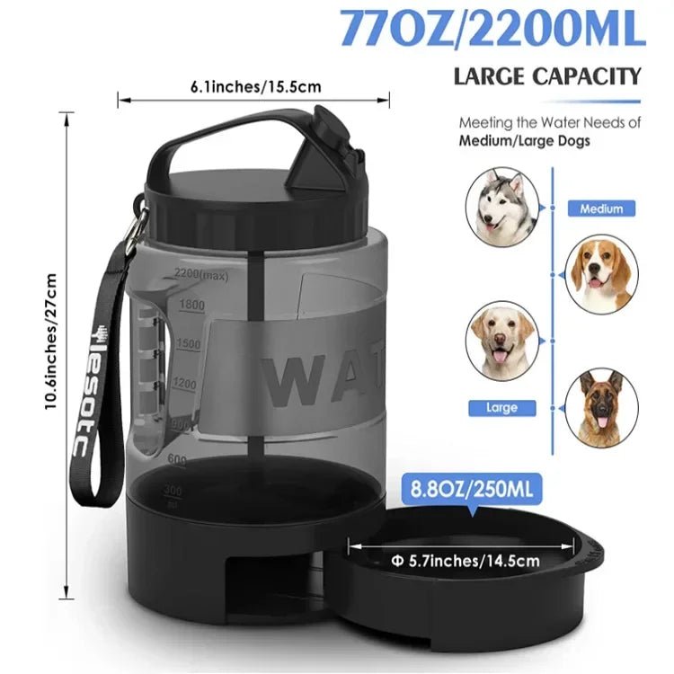 Grote 2.2L Hondenwaterfles met Geïntegreerde Drinkbak - Draagbare Waterdispenser voor Honden - Hebbr