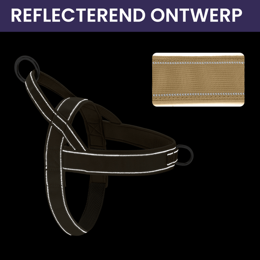 Hond harnas S 46 - 58 cm Nylon – No Pull en Reflecterend Khaki - Hebbr