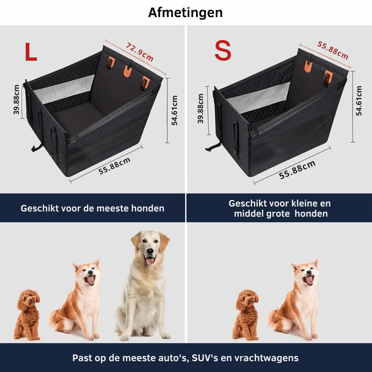 Hondenautostoel met stevige bodem en comfortabele bekleding - Donkergrijs, 55x50x30 cm - Hebbr