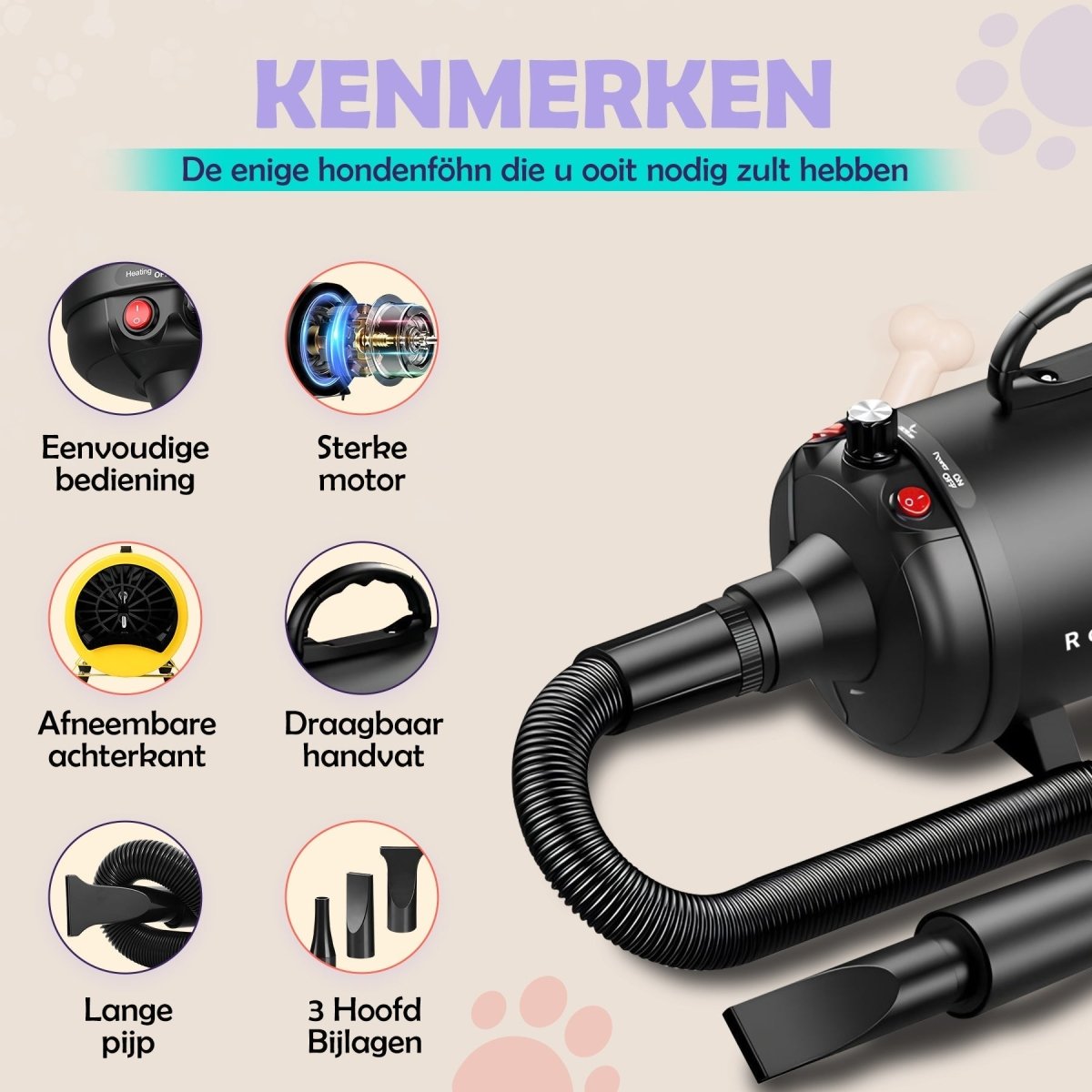 Hondenfohn 3800W – Krachtige en Stille Waterblazer voor Vachtverzorging - Hebbr