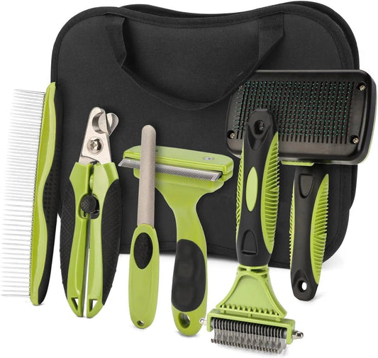 Hondenverzorgingsset 6 - delig – Professionele Borstels en Nagelknipper Groen/Zwart - Hebbr