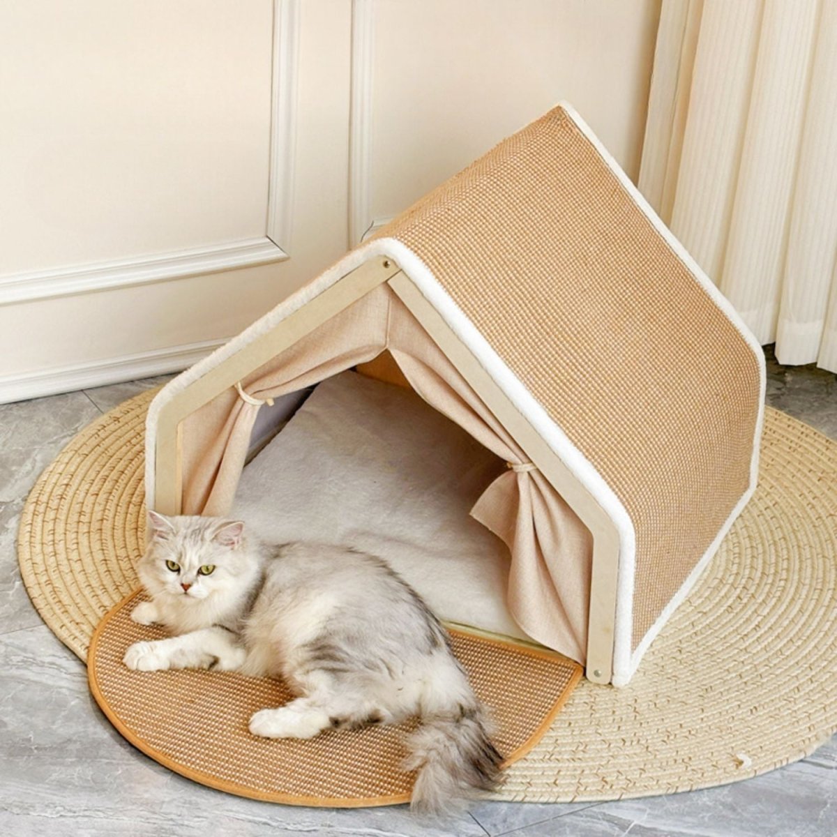 Kattenhuis met Sisal Krabdak S/M/L Hout – Comfortabel en Veilig voor Katten - Hebbr