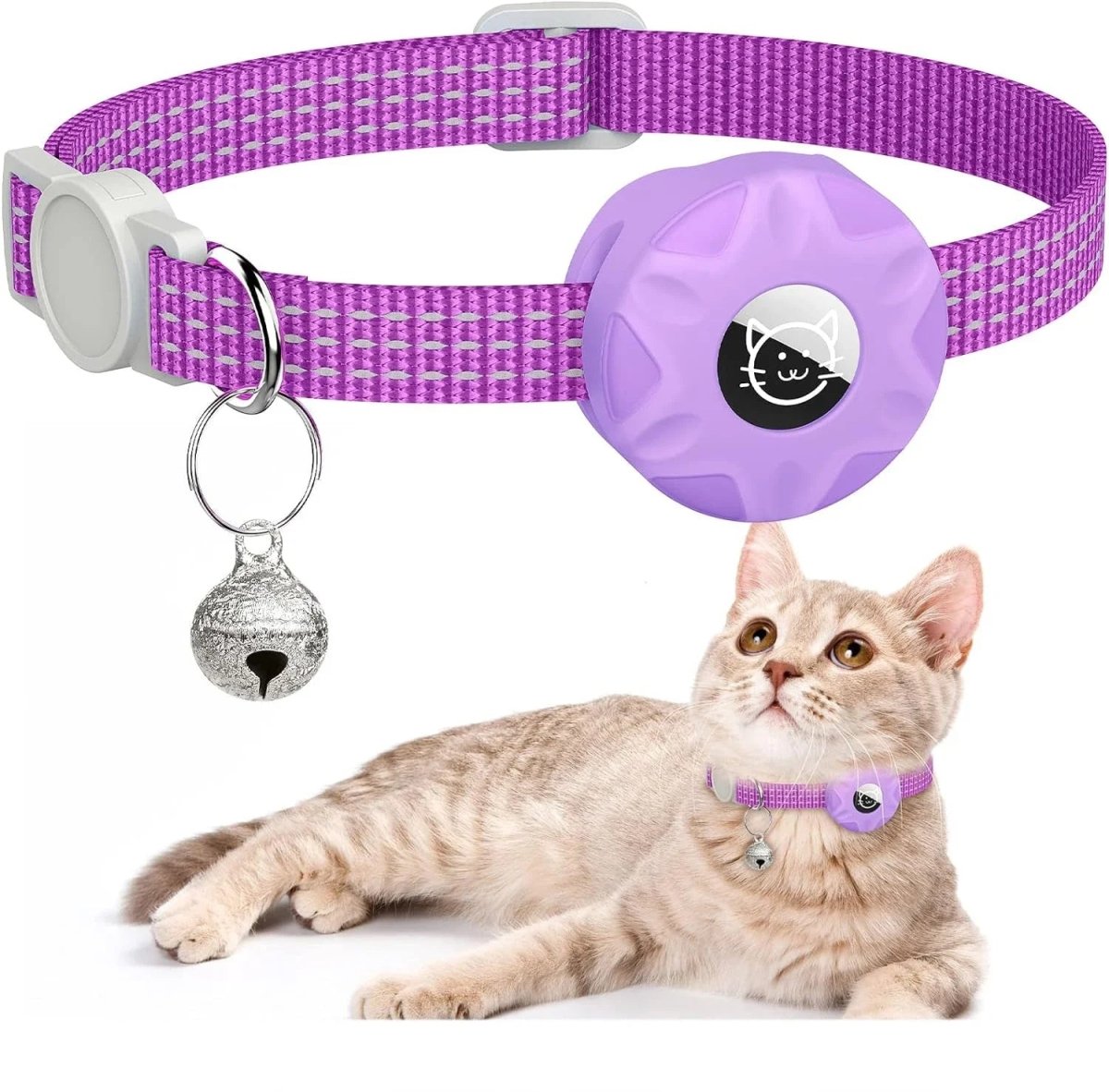 Reflecterende Kattenhalsband met AirTag Houder - Zacht Nylon, Verstelbaar 20 - 33 cm, Veilig met Bel - Hebbr