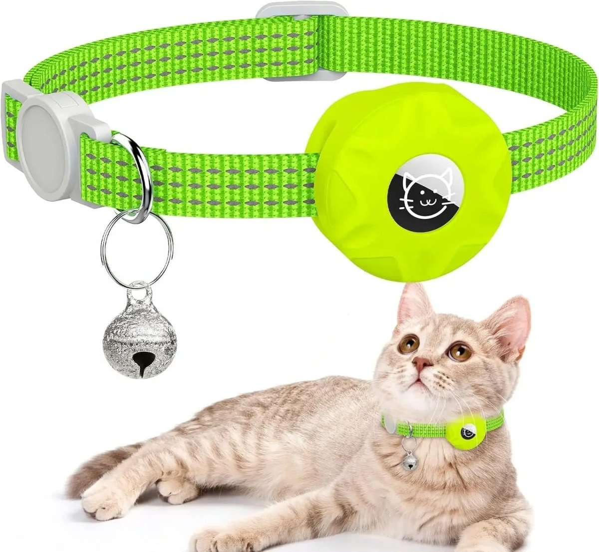 Reflecterende Kattenhalsband met AirTag Houder - Zacht Nylon, Verstelbaar 20 - 33 cm, Veilig met Bel - Hebbr