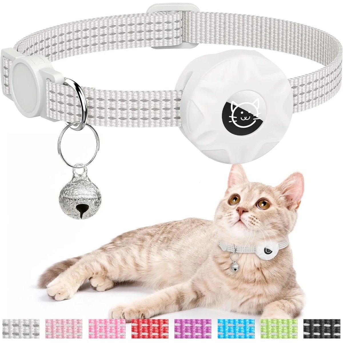 Reflecterende Kattenhalsband met AirTag Houder - Zacht Nylon, Verstelbaar 20 - 33 cm, Veilig met Bel - Hebbr