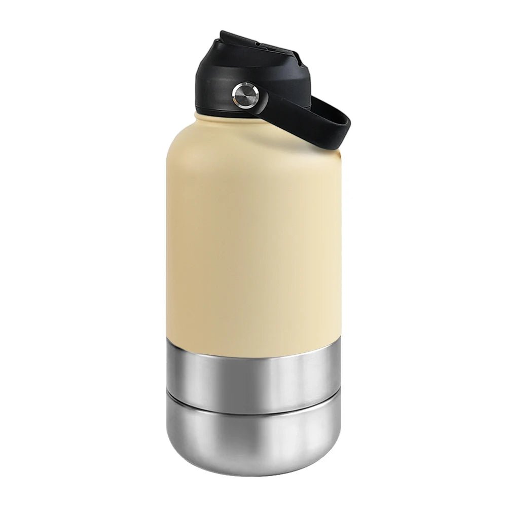 RVS Hondenwaterfles 1000ml met Afneembare Voer - en Waterkom - Dubbelwandig en BPA - vrij - Hebbr