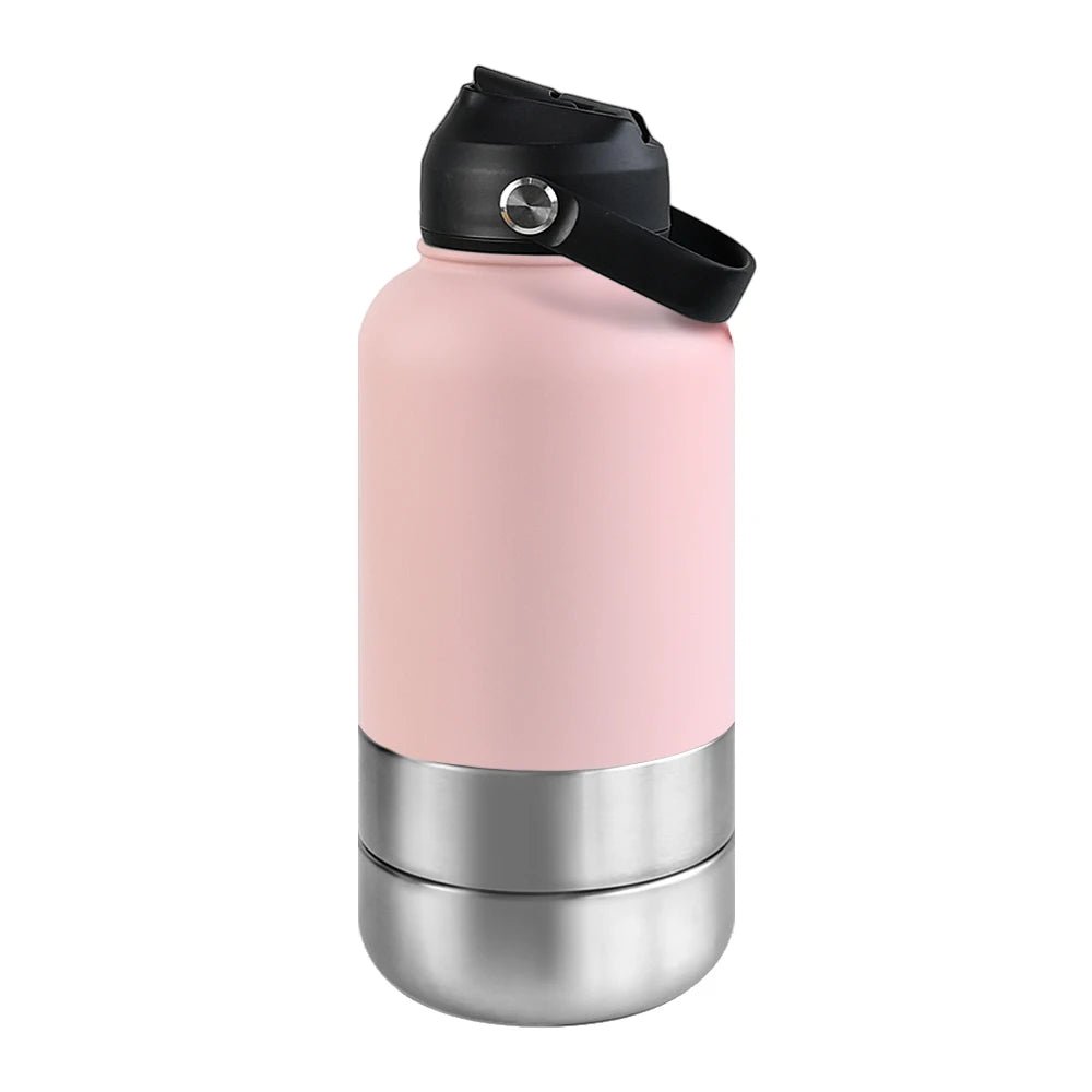 RVS Hondenwaterfles 1000ml met Afneembare Voer - en Waterkom - Dubbelwandig en BPA - vrij - Hebbr