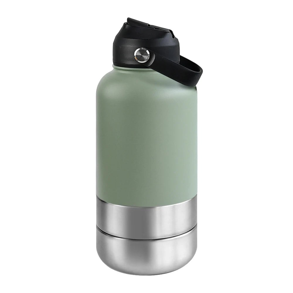 RVS Hondenwaterfles 1000ml met Afneembare Voer - en Waterkom - Dubbelwandig en BPA - vrij - Hebbr