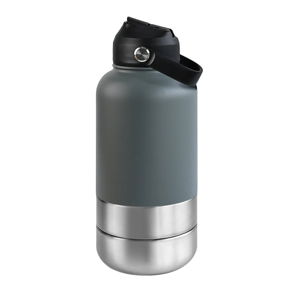 RVS Hondenwaterfles 1000ml met Afneembare Voer - en Waterkom - Dubbelwandig en BPA - vrij - Hebbr