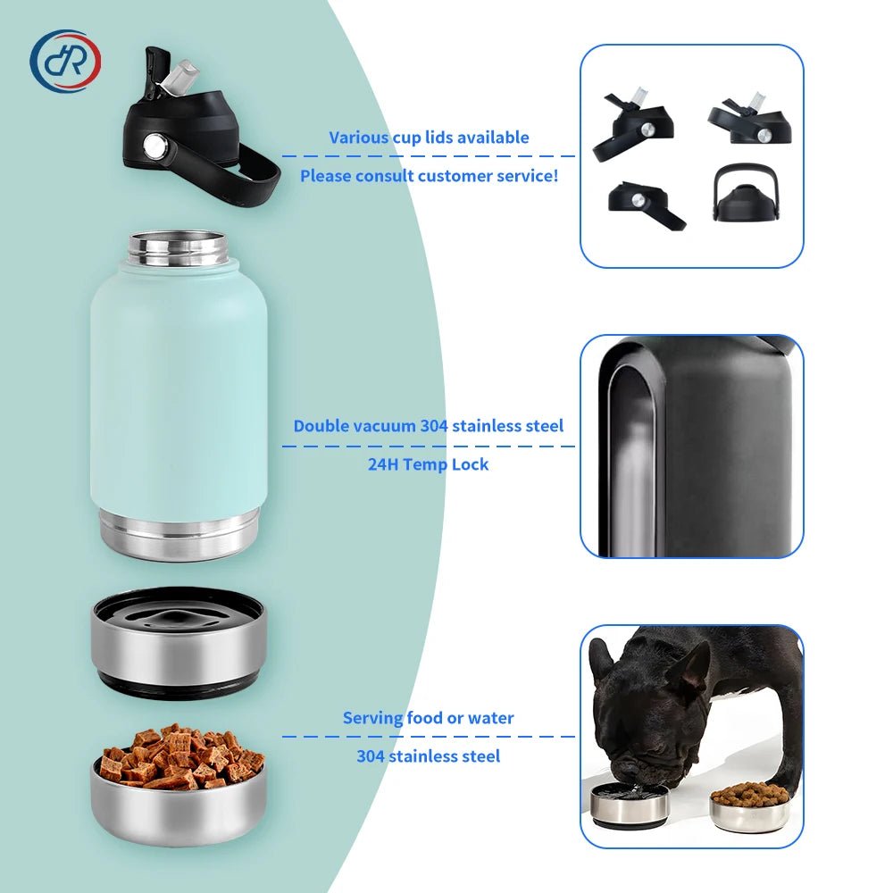 RVS Hondenwaterfles 1000ml met Afneembare Voer - en Waterkom - Dubbelwandig en BPA - vrij - Hebbr
