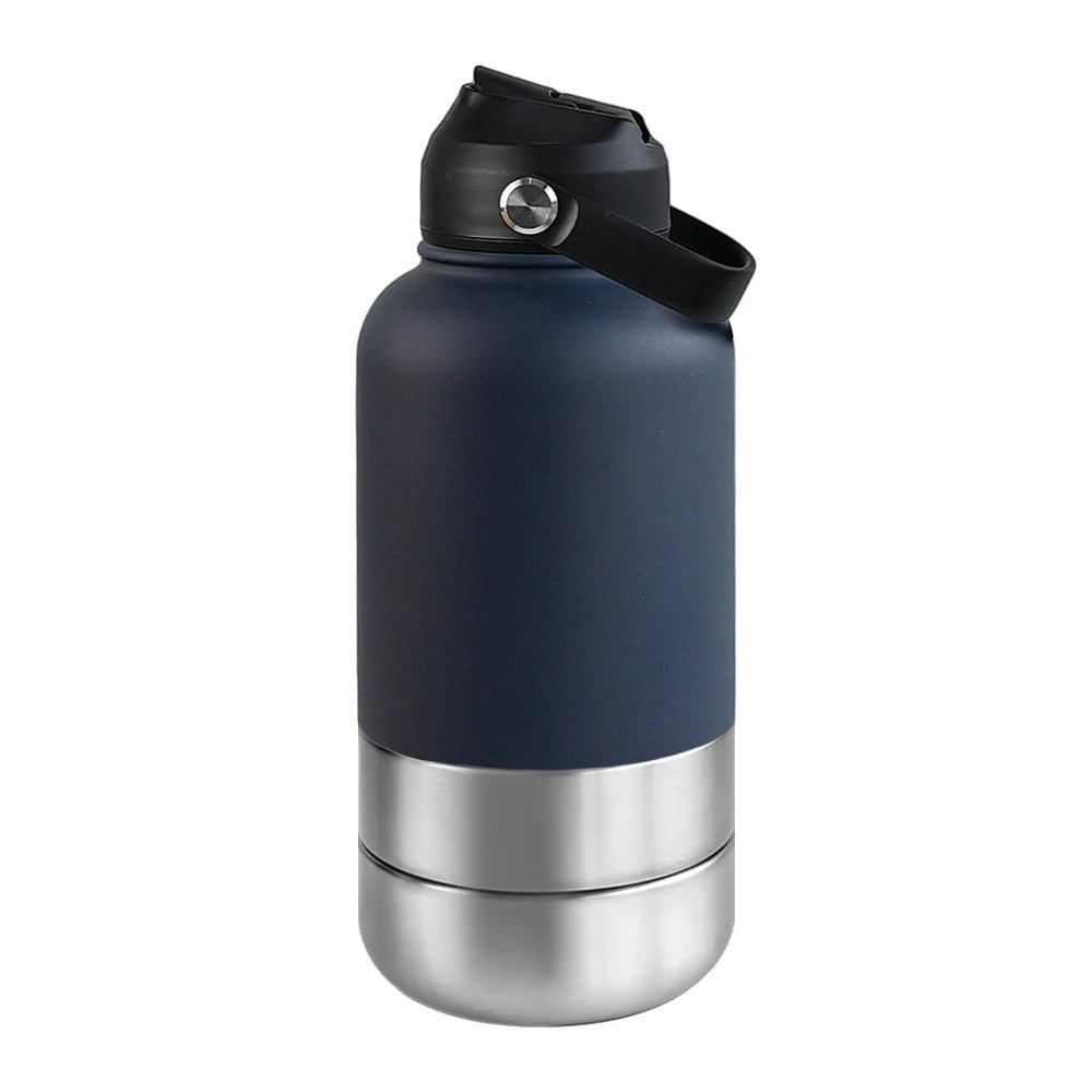 RVS Hondenwaterfles 1000ml met Afneembare Voer - en Waterkom - Dubbelwandig en BPA - vrij - Hebbr