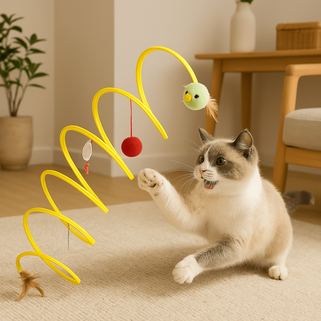 Spiraalvormig Kat Speeltje met Hangende Speeltjes – Speelgoed voor Katten - Hebbr
