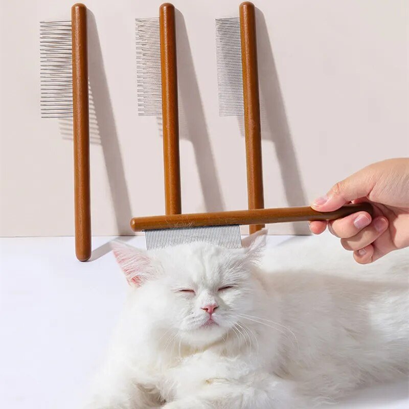 Vachtverzorgingskam voor katten - Roestvrij staal en houten handvat, ideaal tegen haarballen - Hebbr