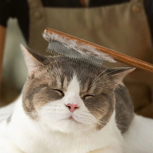 Vachtverzorgingskam voor katten - Roestvrij staal en houten handvat, ideaal tegen haarballen - Hebbr