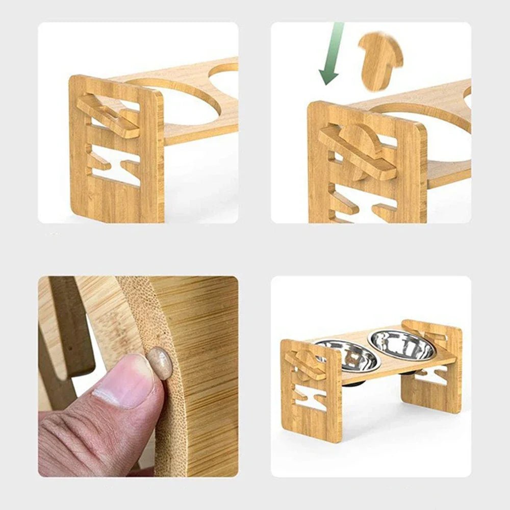 Verstelbare Houten Voederstandaard voor Honden en Katten met RVS Voerbakken - 2 Stuks - Hebbr