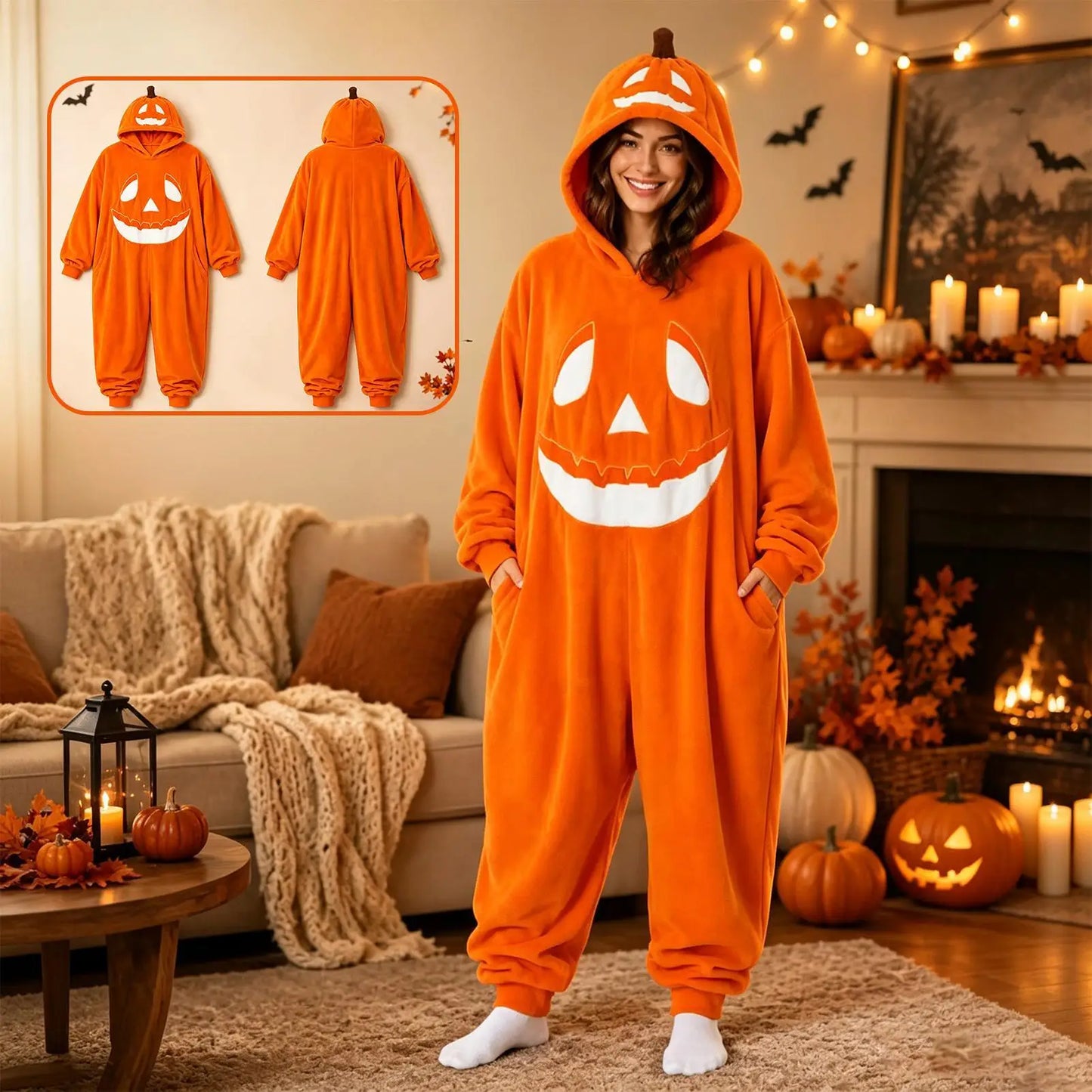 Hallowenzo Jumpsuit | Zacht Fluweel met Pompoenprint voor Feestelijke Gelegenheden