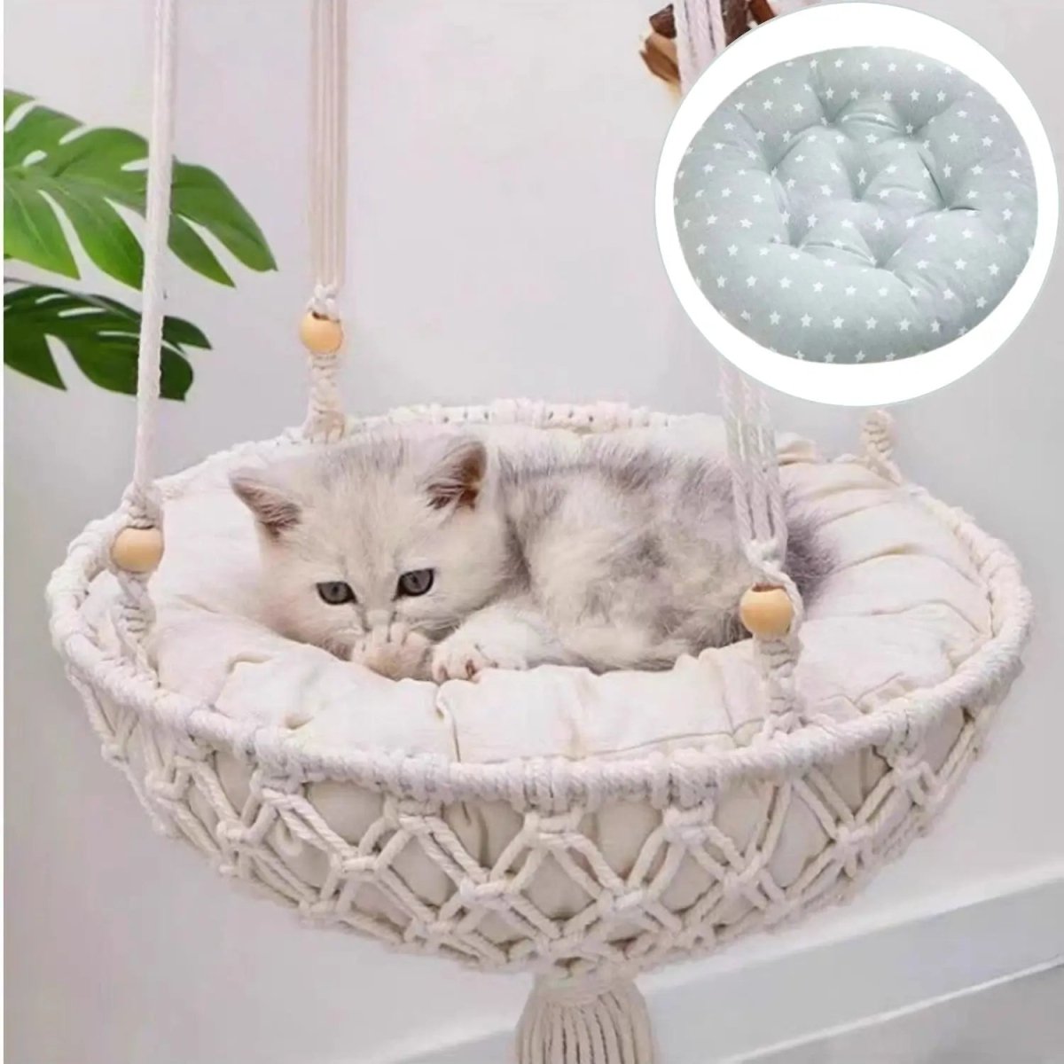 Comfortabele Hangmand voor Katten – Katoen, Lichtblauw Kussen, Verstelbaar 30 - 50 cm - Hebbr