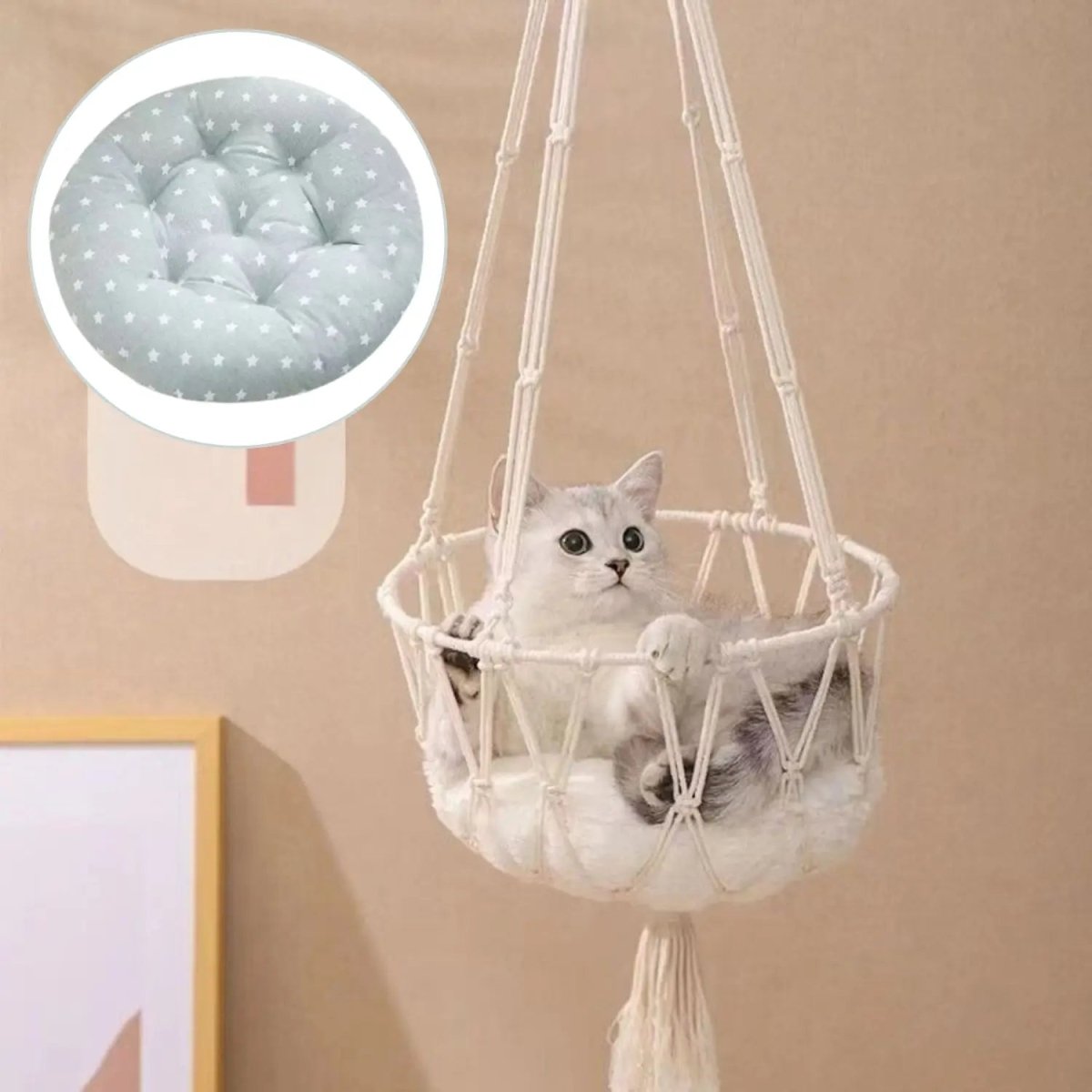 Comfortabele Hangmand voor Katten – Katoen, Lichtblauw Kussen, Verstelbaar 30 - 50 cm - Hebbr