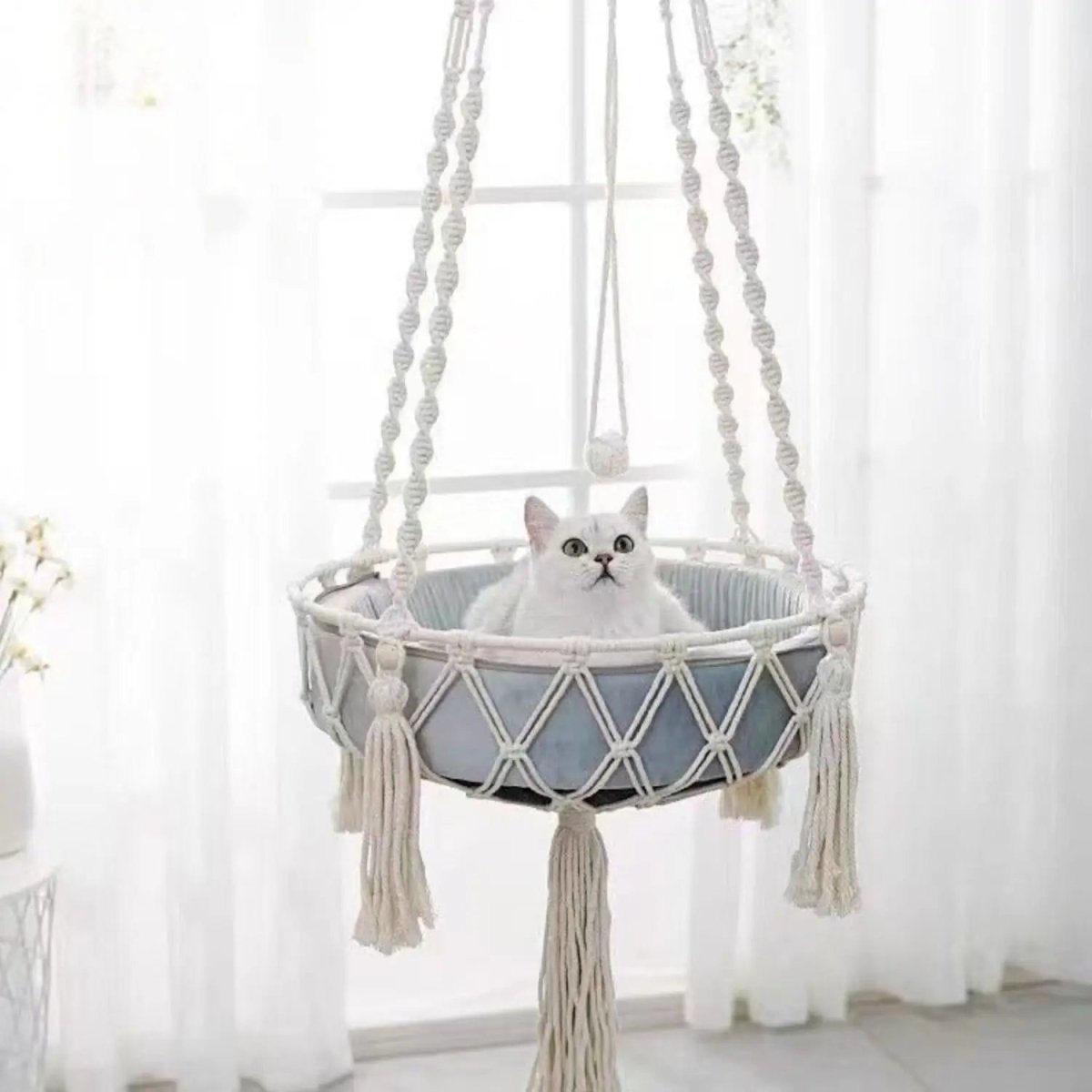 Comfortabele Hangmand voor Katten – Katoen, Lichtblauw Kussen, Verstelbaar 30 - 50 cm - Hebbr