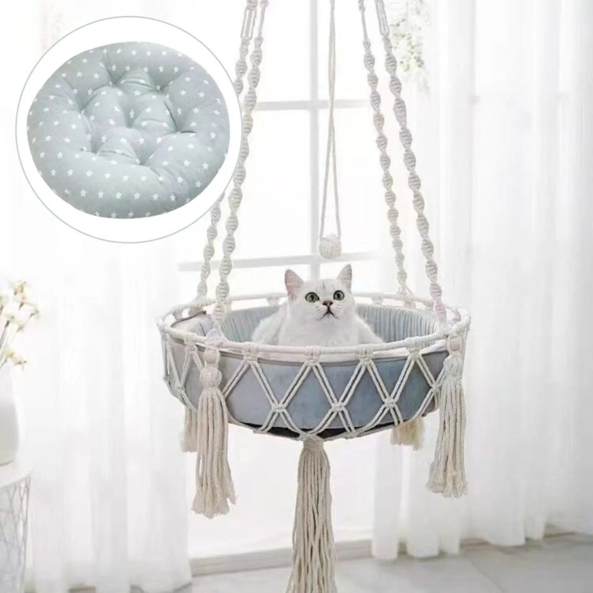 Comfortabele Hangmand voor Katten – Katoen, Lichtblauw Kussen, Verstelbaar 30 - 50 cm - Hebbr