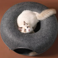 Donut kattenbed van vilt met ademgat - 2 - in - 1 tunnel voor katten en interactieve speeltjes - Hebbr