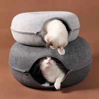 Donut kattenbed van vilt met ademgat - 2 - in - 1 tunnel voor katten en interactieve speeltjes - Hebbr