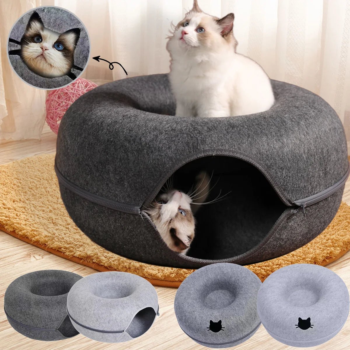 Donut kattenbed van vilt met ademgat - 2 - in - 1 tunnel voor katten en interactieve speeltjes - Hebbr