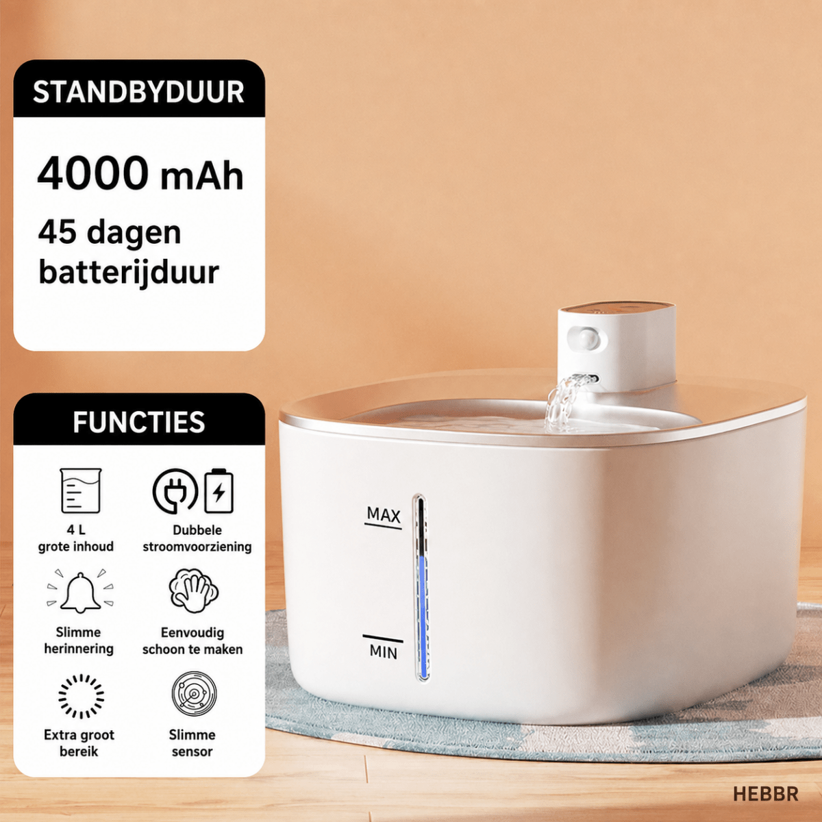 Draadloze Waterfontein 4L - Hebbr