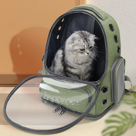 Draagbare Kattenrugzak - Ademend, Waterdicht, Geschikt voor Katten en Kleine Honden - Groen, Kaki, Grijs - Hebbr
