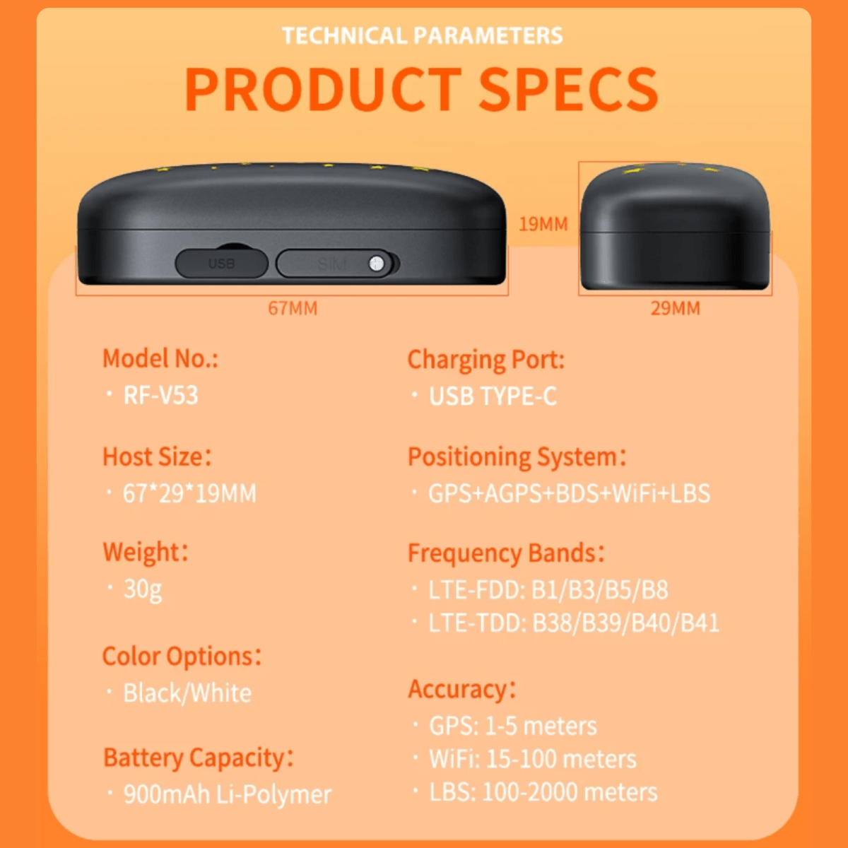 GPS Tracker Hond 67×29×19 mm – Realtime Tracking, Waterdicht IP67 - Hebbr