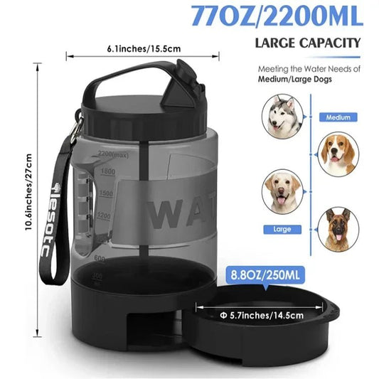 Grote 2.2L Hondenwaterfles met Geïntegreerde Drinkbak - Draagbare Waterdispenser voor Honden - Hebbr