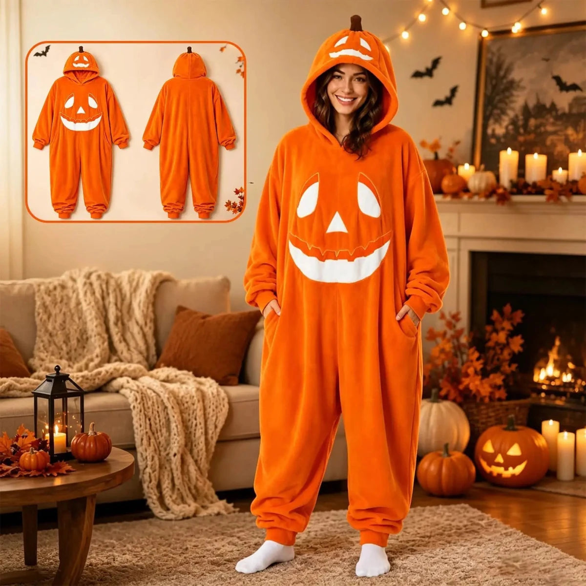 Hallowenzo Jumpsuit | Zacht Fluweel met Pompoenprint voor Feestelijke Gelegenheden - Hebbr