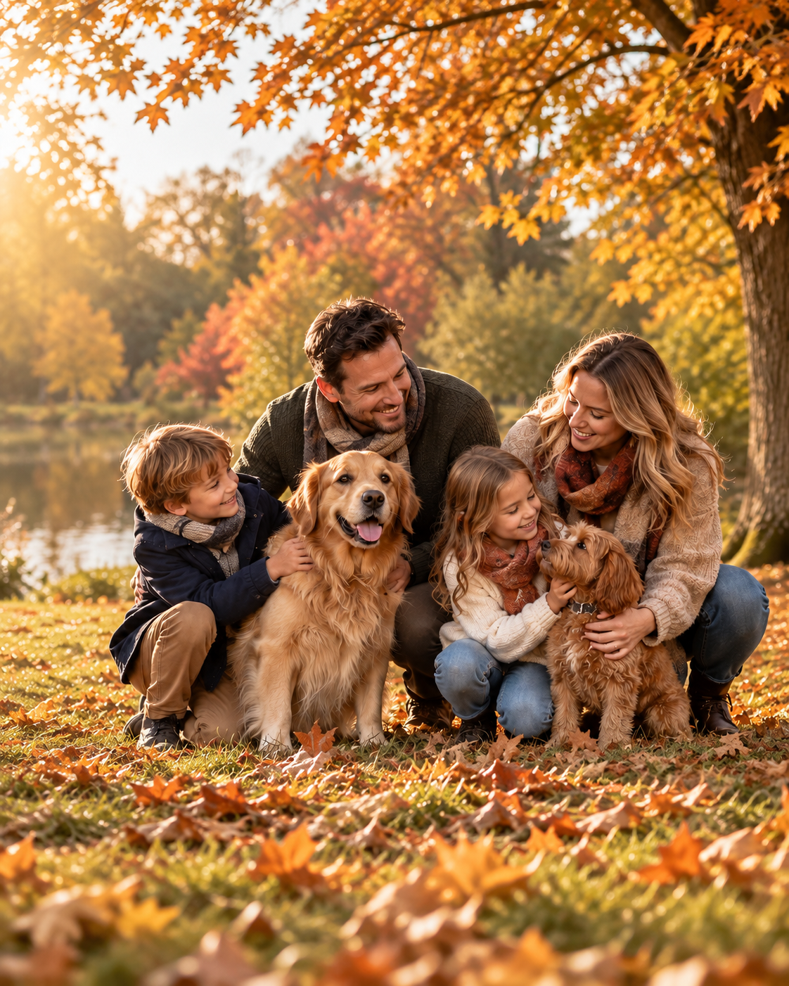 Gezin met twee kinderen en twee honden in een warm herfstpark - mobiele banner