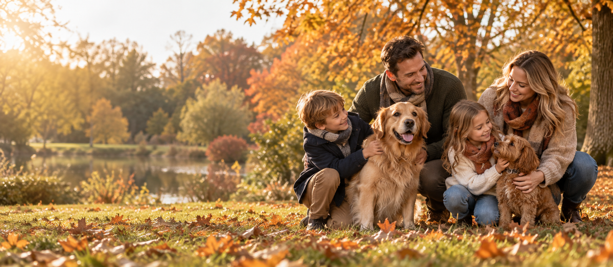 Gezin met honden in een warm herfstpark