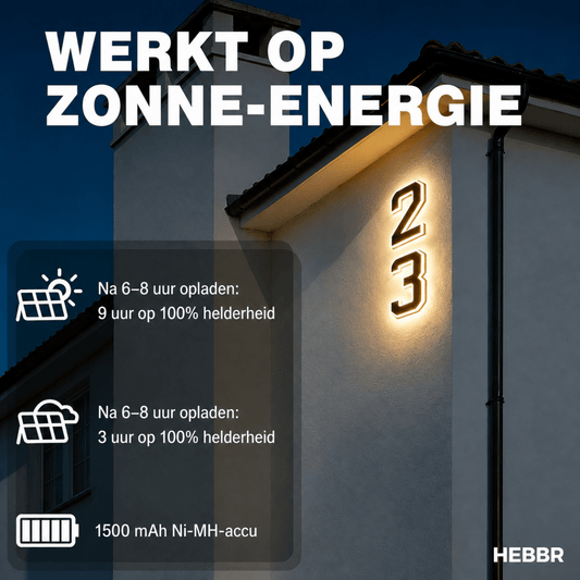 Helio Huisnummerbord | Zonne-Energie, LED met Lichtsensor - Hebbr