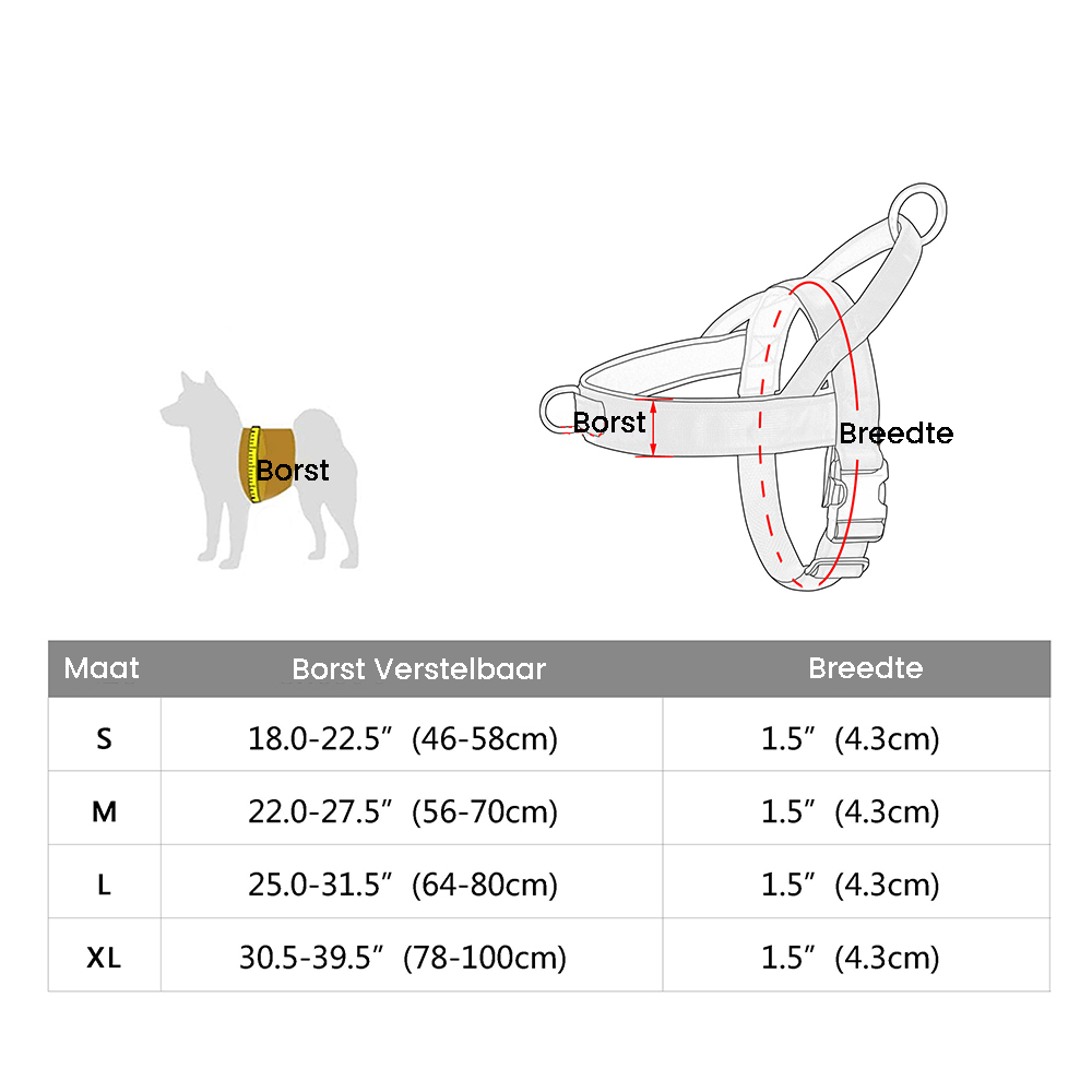 Hond harnas S 46 - 58 cm Nylon – No Pull en Reflecterend Khaki - Hebbr
