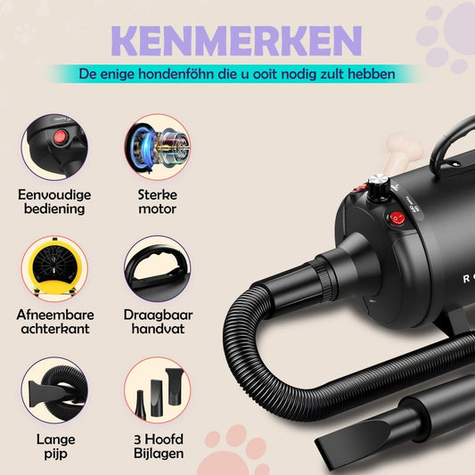 Hondenfohn 3800W – Krachtige en Stille Waterblazer voor Vachtverzorging - Hebbr