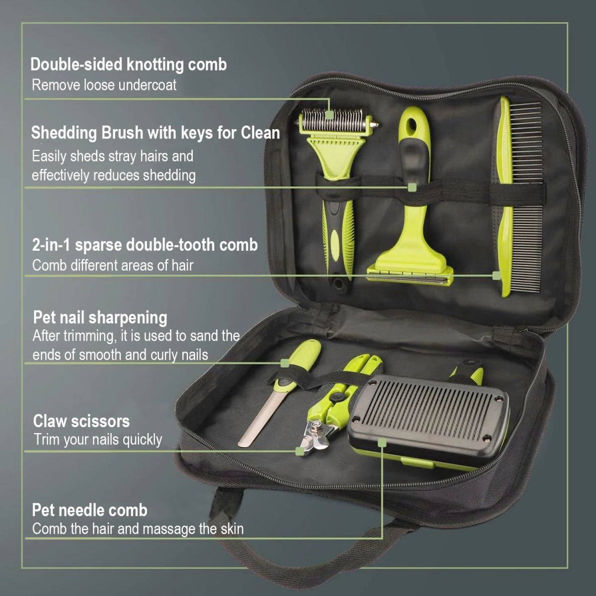 Hondenverzorgingsset 6 - delig – Professionele Borstels en Nagelknipper Groen/Zwart - Hebbr