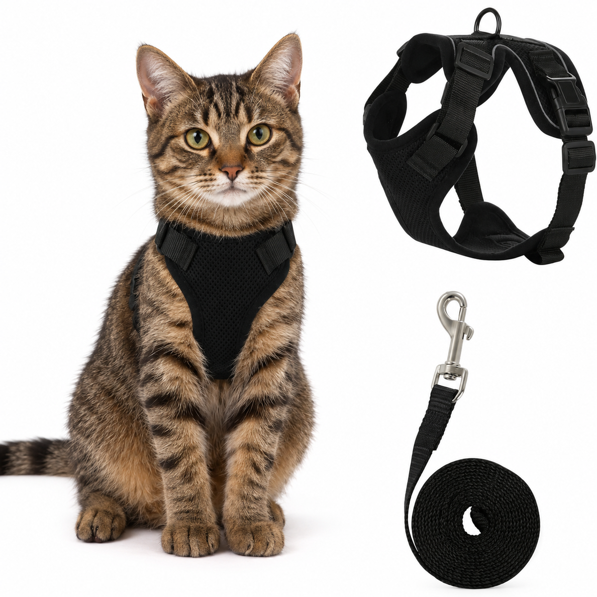 Kato kattenharnas zwart met contrasterende tabby kat op witte achtergrond