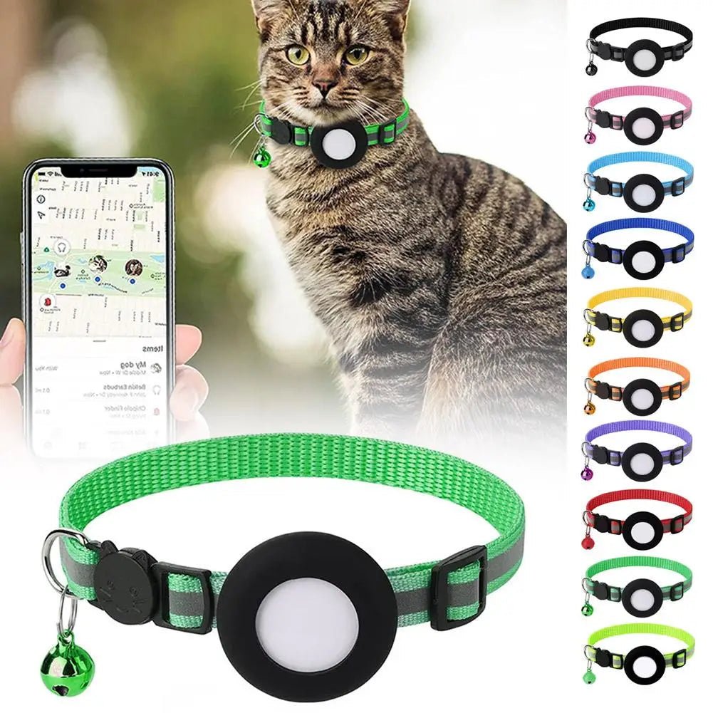 Reflecterende kattenhalsband met AirTag - houder en bel - Verstelbare nylon band voor katten - Hebbr
