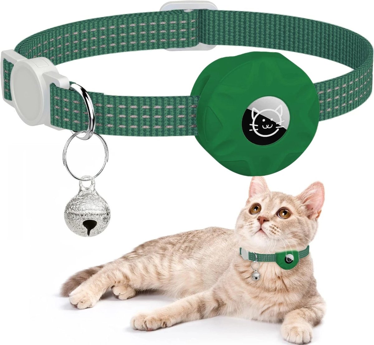 Reflecterende Kattenhalsband met AirTag Houder - Zacht Nylon, Verstelbaar 20 - 33 cm, Veilig met Bel - Hebbr