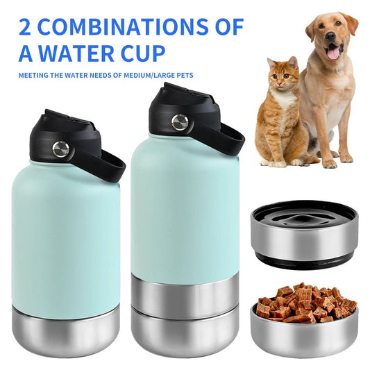 RVS Hondenwaterfles 1000ml met Afneembare Voer - en Waterkom - Dubbelwandig en BPA - vrij - Hebbr