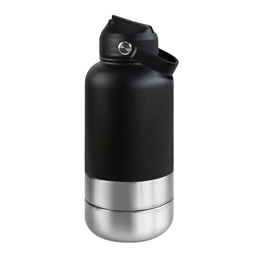 RVS Hondenwaterfles 1000ml met Afneembare Voer - en Waterkom - Dubbelwandig en BPA - vrij - Hebbr