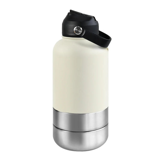 RVS Hondenwaterfles 1000ml met Afneembare Voer - en Waterkom - Dubbelwandig en BPA - vrij - Hebbr