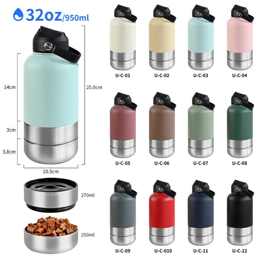 RVS Hondenwaterfles 1000ml met Afneembare Voer - en Waterkom - Dubbelwandig en BPA - vrij - Hebbr